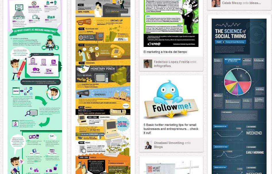 Screenshot of an example of pinterest marketing where a cute twitter bird stands out amongst the clutter and a social media marketing infographic title can be read but the text is too small to read.