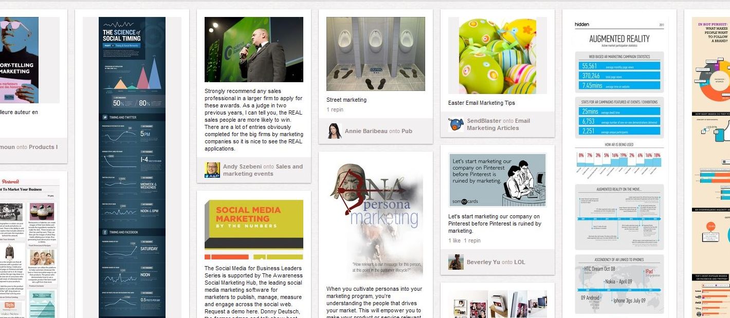 Screenshot of a Pinterest marketing search where the image of three urinals in a row stands out amongst the others.