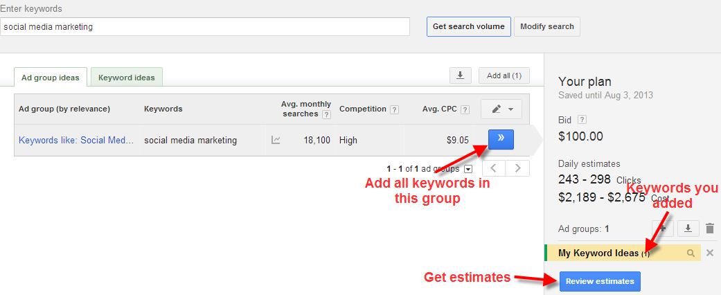 A screenshot of the Google Keyword Planner Tool showing how to choose keywords for estimates