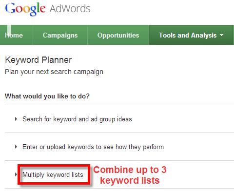 A screenshot of the Google Keyword Planner Tool selecting choose multiple keyword lists