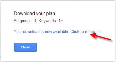 A screenshot of the Google Keyword Planner Tool showing the download keyword file process