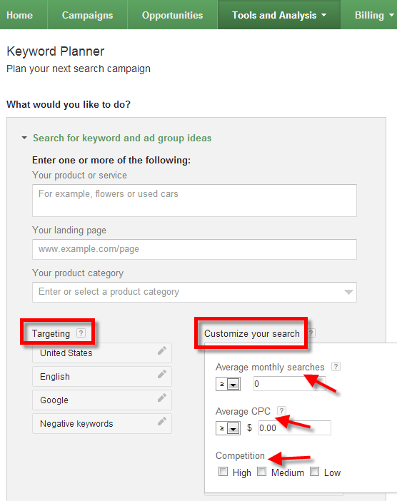 A screenshot of the Google Keyword Planner Tool selecting GEO targeting and CPC filters