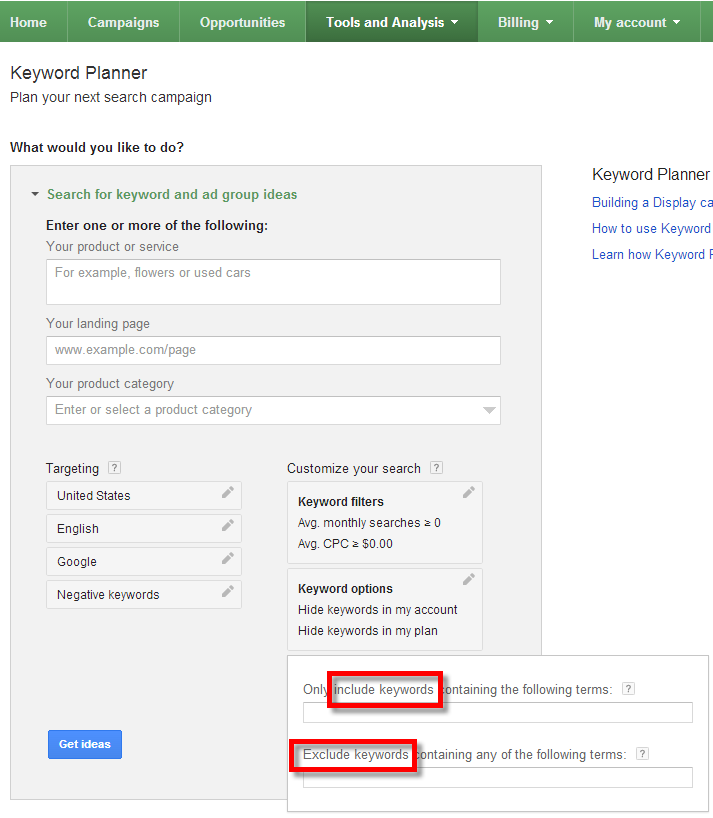 A screenshot of the Google Keyword Planner Tool showing where to hide, include or exclude keywords from your search