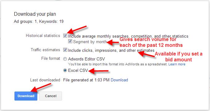 A screenshot of the Google Keyword Planner Tool showing how to download your plan