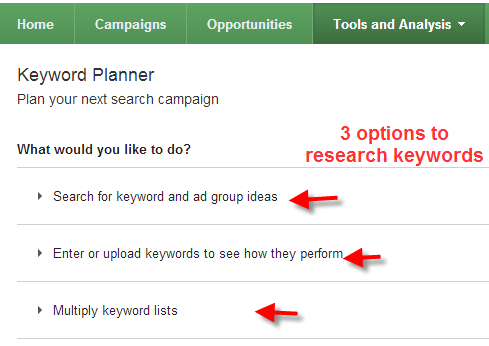 A screenshot of the Google Keyword Planner Tool and the options you can select to research keywords