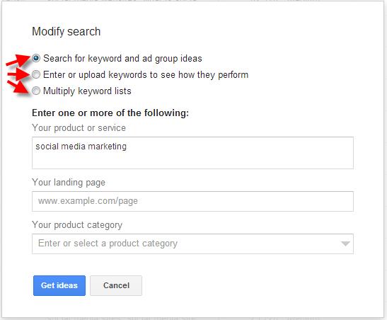 A screenshot of the Google Keyword Planner Tool showing a modified search example