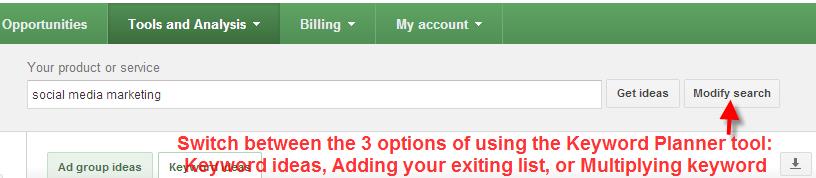A screenshot of the Google Keyword Planner Tool showing how to modify a search