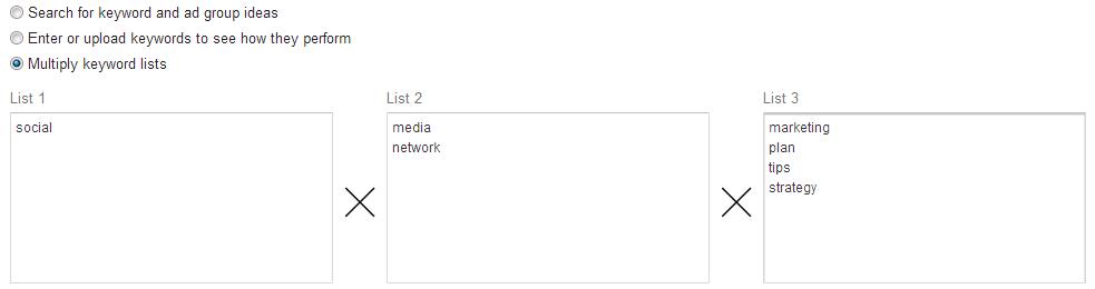 A screenshot of the Google Keyword Planner Tool showing an example of using multiplied keyword lists