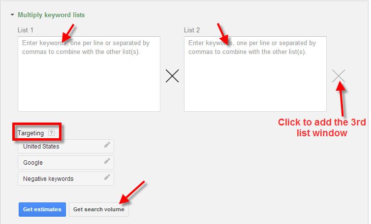 A screenshot of the Google Keyword Planner Tool showing how to multiply keyword lists