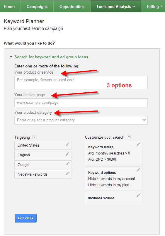 A screenshot of the Google Keyword Planner Tool selecting options to search keywords