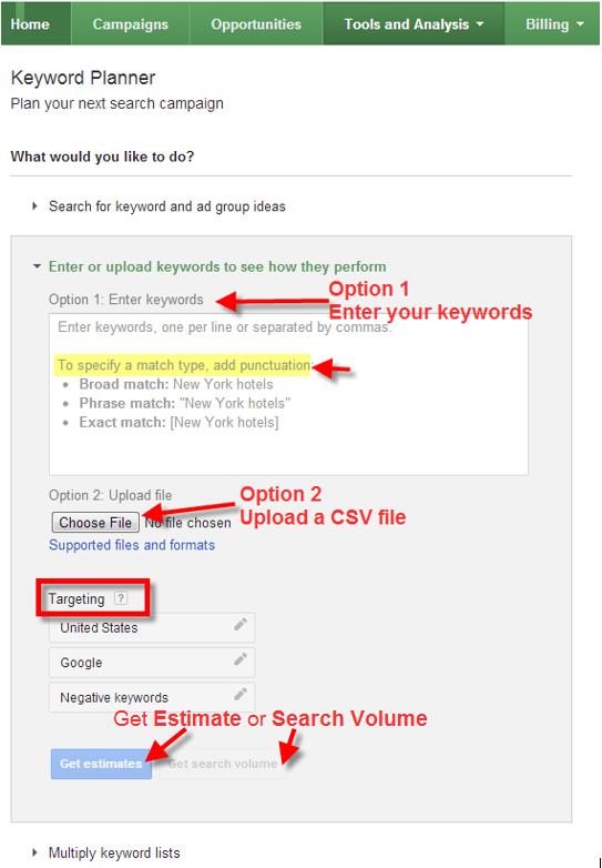 A screenshot of the Google Keyword Planner Tool selecting the upload keyword list feature