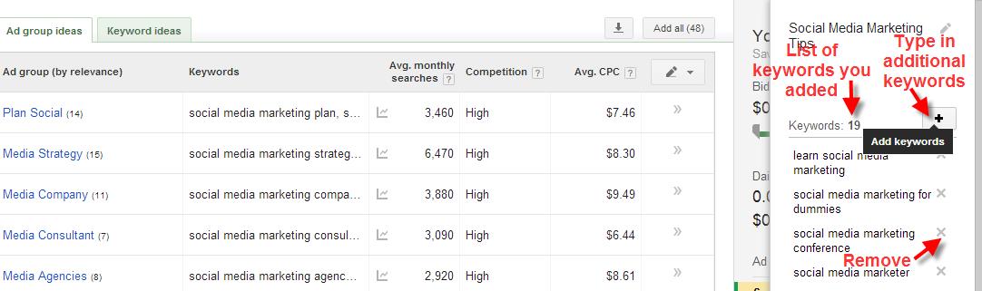 A screenshot of the Google Keyword Planner Tool showing how to view, add or remove keywords