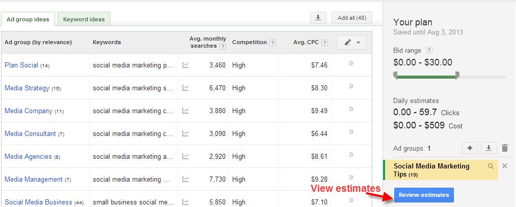 A screenshot of the Google Keyword Planner Tool showing how to view keyword estimates