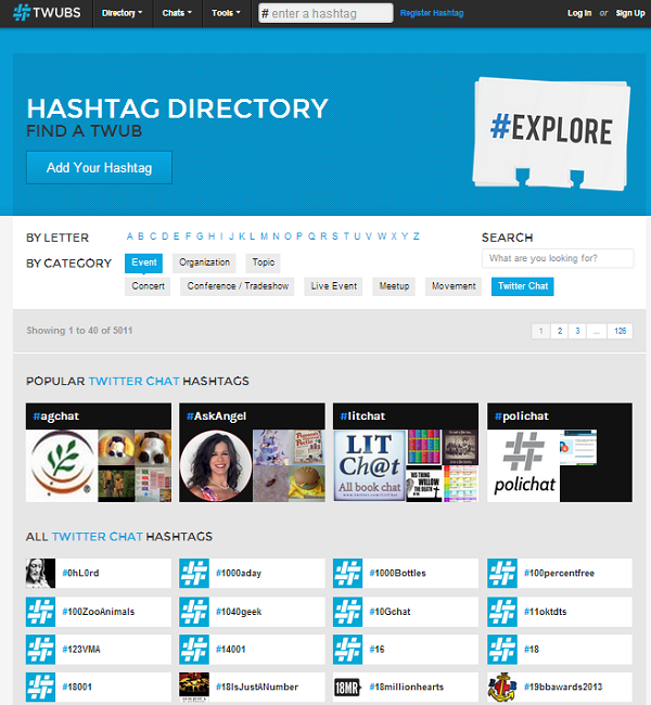Twubs's hashtag directory screenshot.