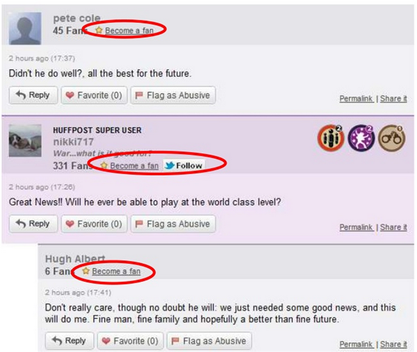Image of how the commenting system is set up on Huffington Post to encourage engagement and blog commenting.