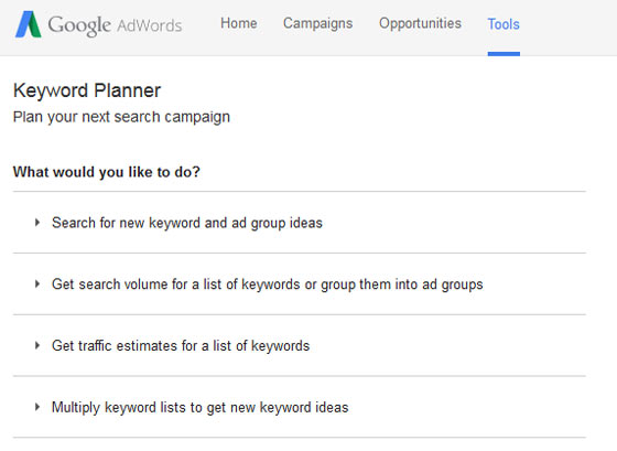 A screenshot of the Google Adwords Keyword Planner Tool