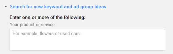 A screenshot of the Keyword Planner Tool with field for entering products or services