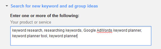 A screenshot of the Keyword Planner Tool with a field filled out with example keywords