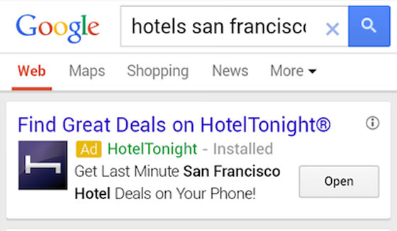 A screen shot showing hotel deal apps, a new AdWords feature