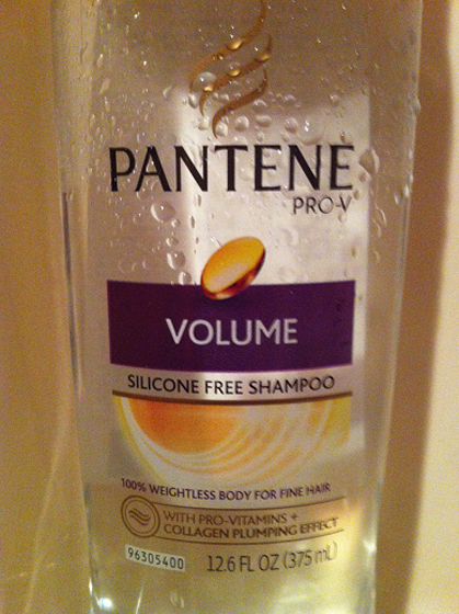 A bottle of Pantene silicone free shampoo