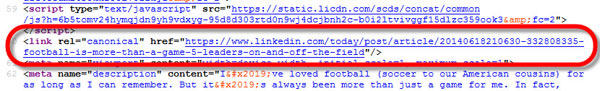 A screenshot showing the canonical tag code for LinkedIn