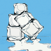 Close-up drawing of ice cubes melting set on a blue background